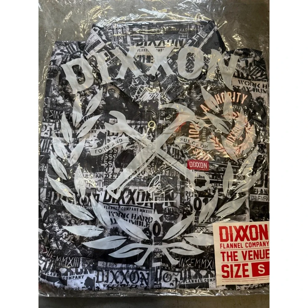 Dixxon Flannel Co The Venue Party Shirt Mens Small Black White Collage Graphic S